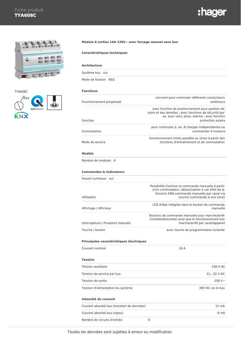 Page n°1 - Fiche technique Hager TYA608C