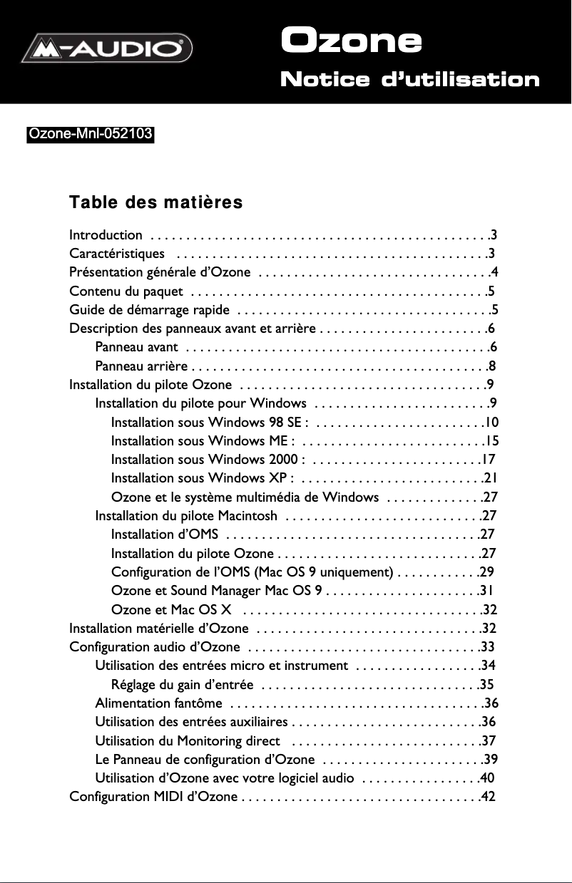 Page 1 de la notice Manuel utilisateur M-Audio Ozone