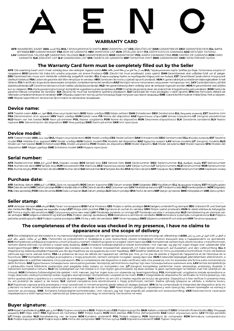 Page 1 de la notice Informations de garantie AENO AGH0001S