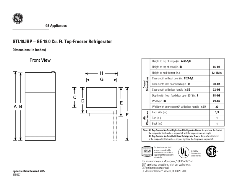 Page 1 de la notice Fiche technique GE GTL18JBPBS