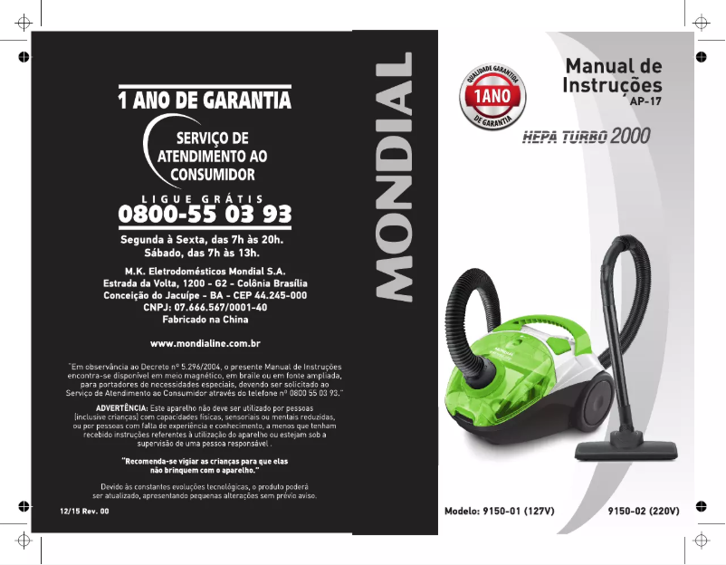 Page 1 de la notice Manuel utilisateur Mondial Hepa Turbo 2000 AP-17