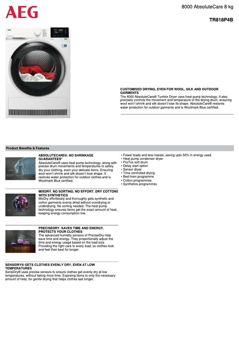 Page 1 de la notice Fiche technique AEG TR818P4B