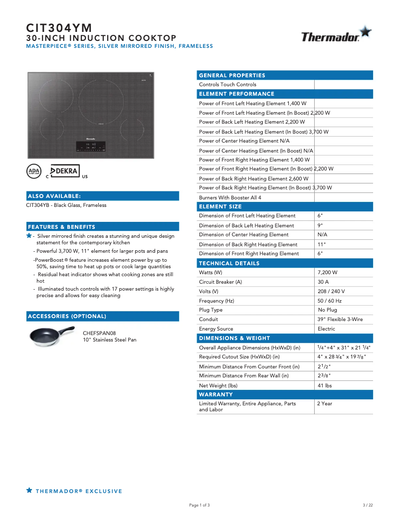Page n°1 - Fiche technique Thermador CIT304YM