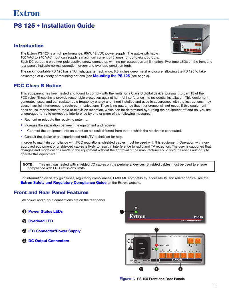 Page 1 de la notice Manuel utilisateur Extron PS 125