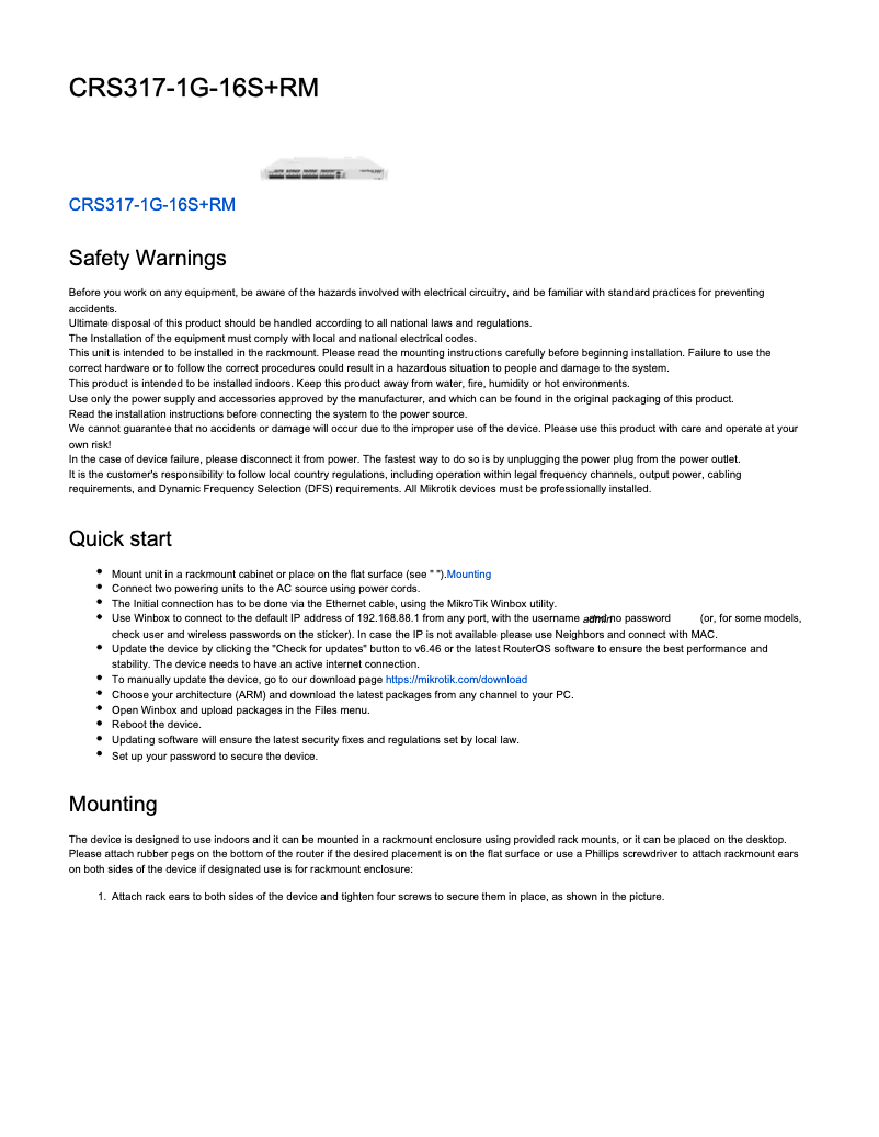 Imagen de la primera página del manual del dispositivo CRS317-1G-16S+RM