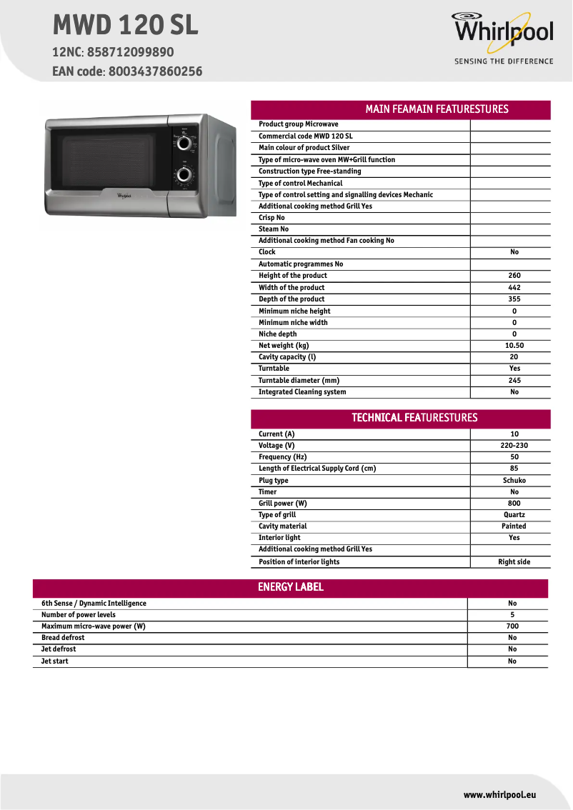 Page n°1 - Fiche technique Whirlpool MWD 120 SL