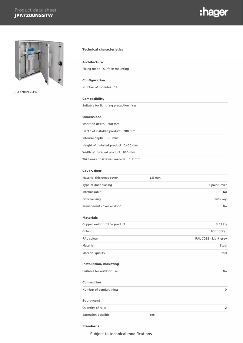 Page n°1 - Fiche technique Hager JPA7200NSSTW