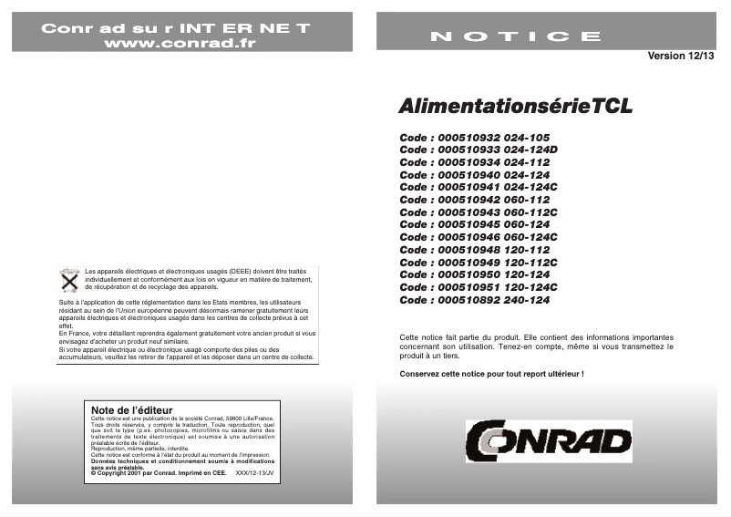 Page 1 de la notice Manuel utilisateur Traco Power TCL 120-124C