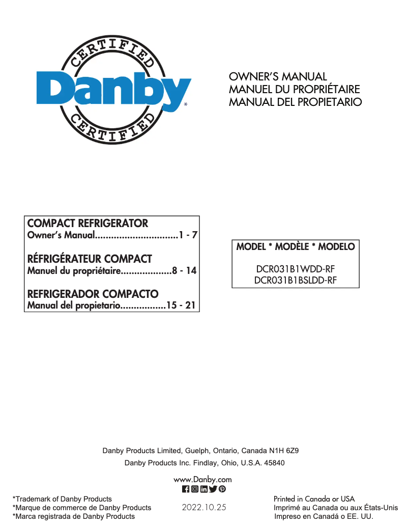 Page 1 de la notice Manuel utilisateur Danby DCR031B1WDD-RF