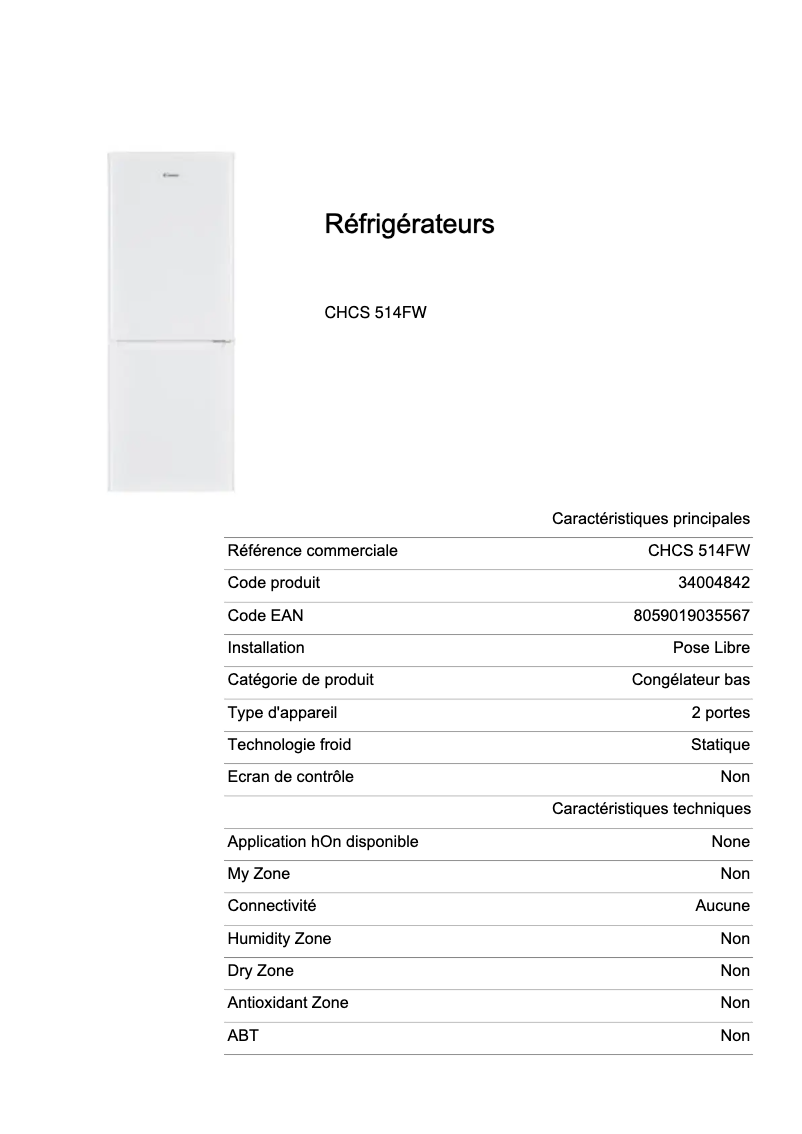 Page 1 de la notice Fiche technique Candy CHCS 514FW