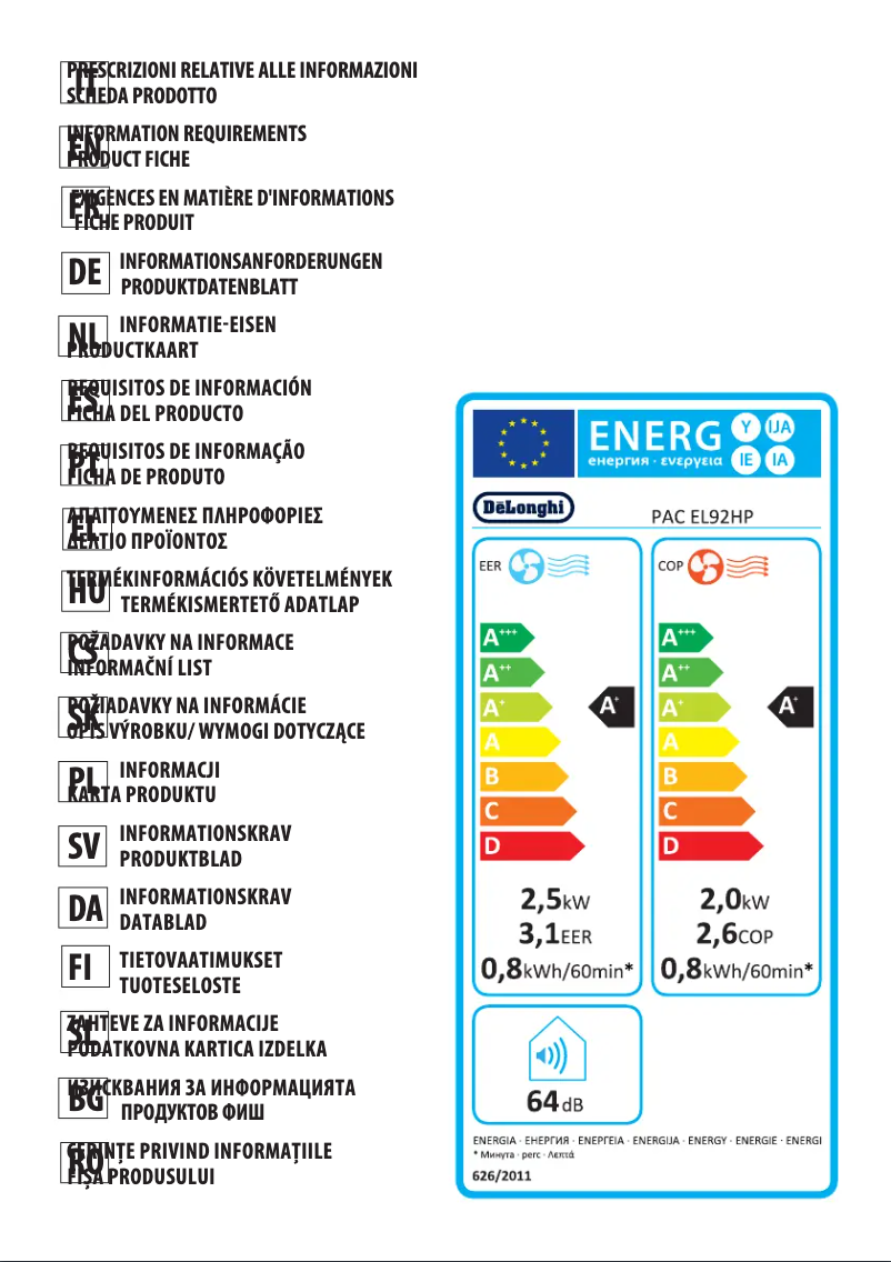 Page 1 de la notice Fiche technique DeLonghi Pinguino PACEL92HP