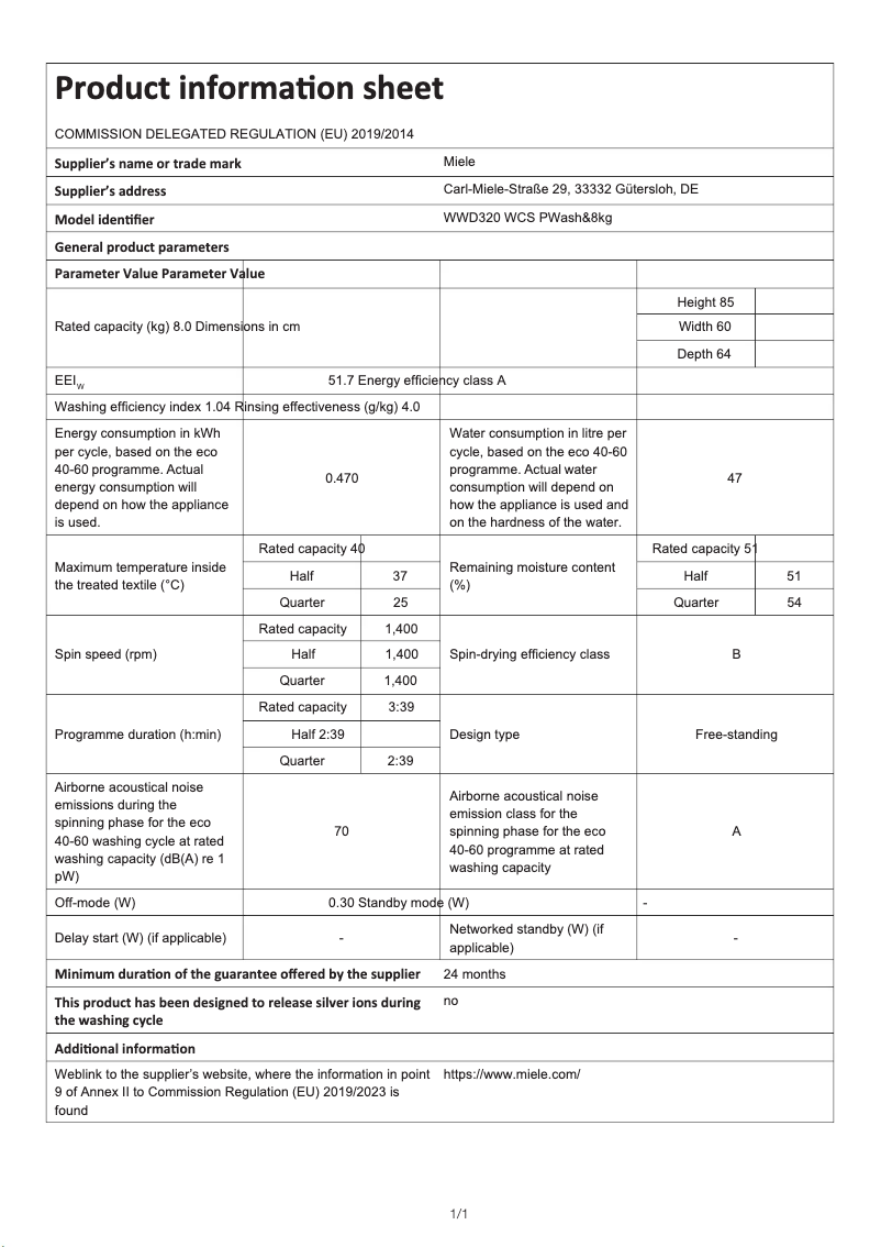 Page 1 de la notice Fiche technique Miele WKF131 WCS PWASH 2.0