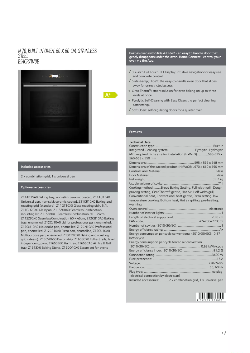 Page 1 de la notice Fiche technique Neff B54CR71N0B