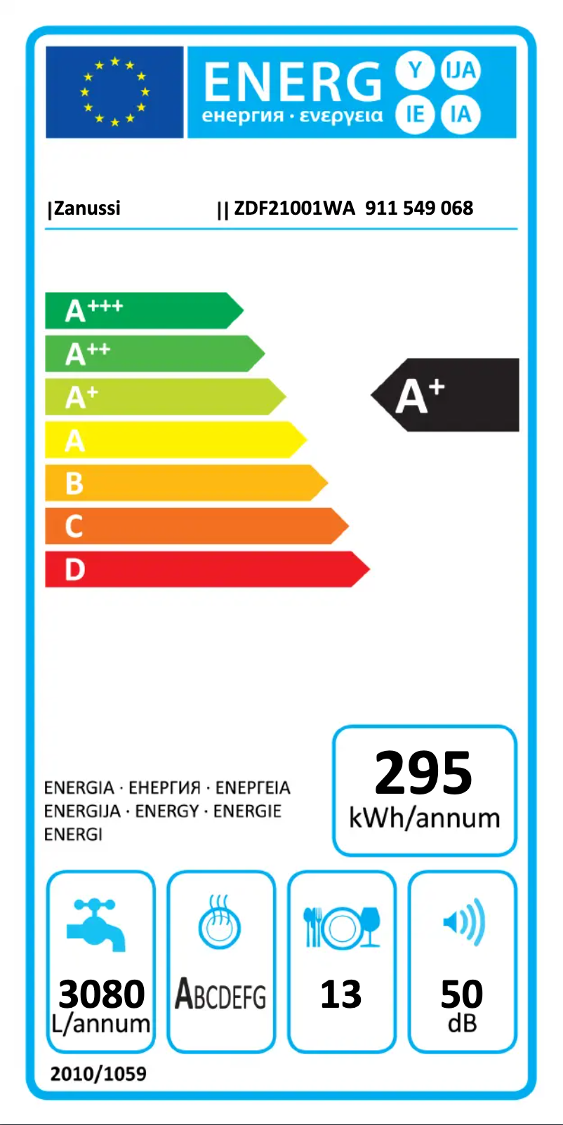 Page n°1 - Label énergétique Zanussi ZDF21001WA