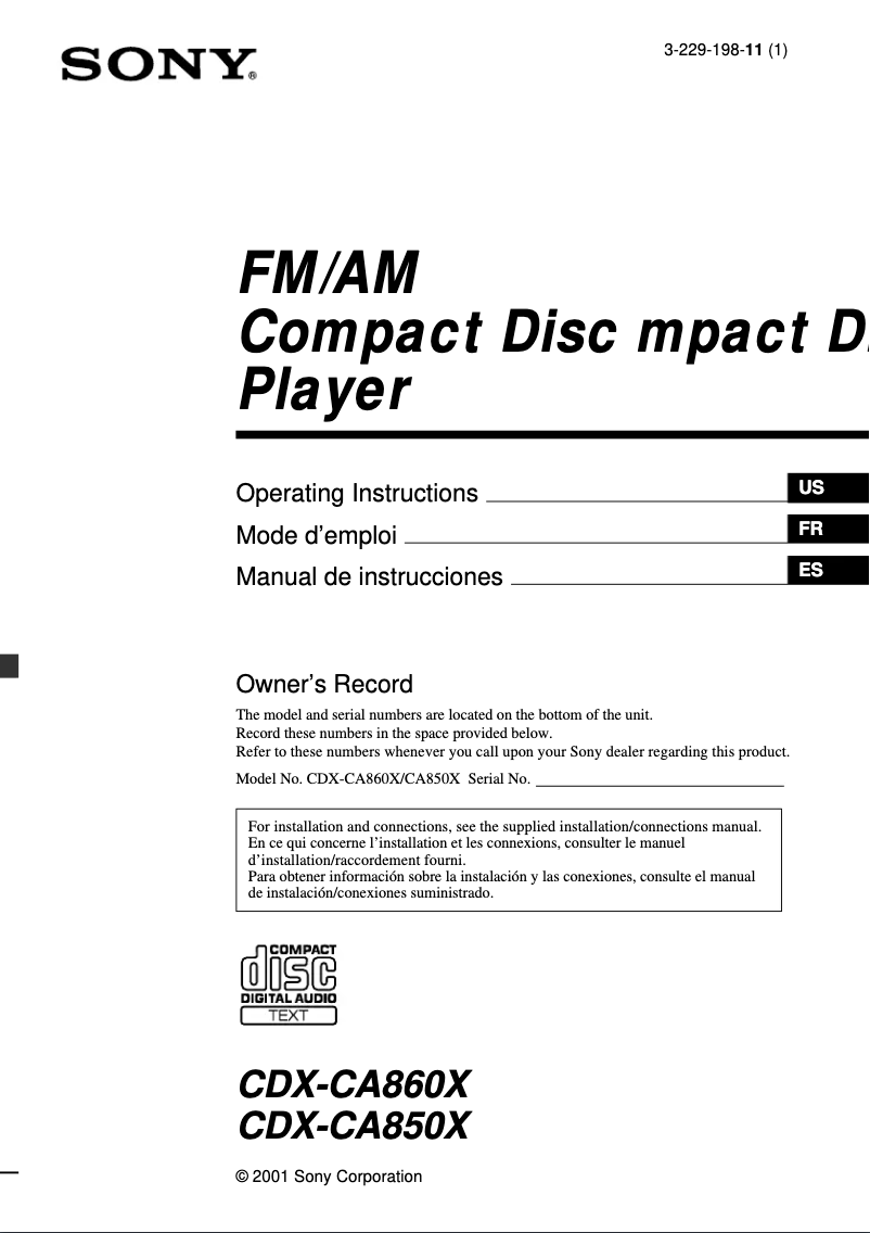 Page 1 de la notice Manuel utilisateur Sony CDX-CA850X