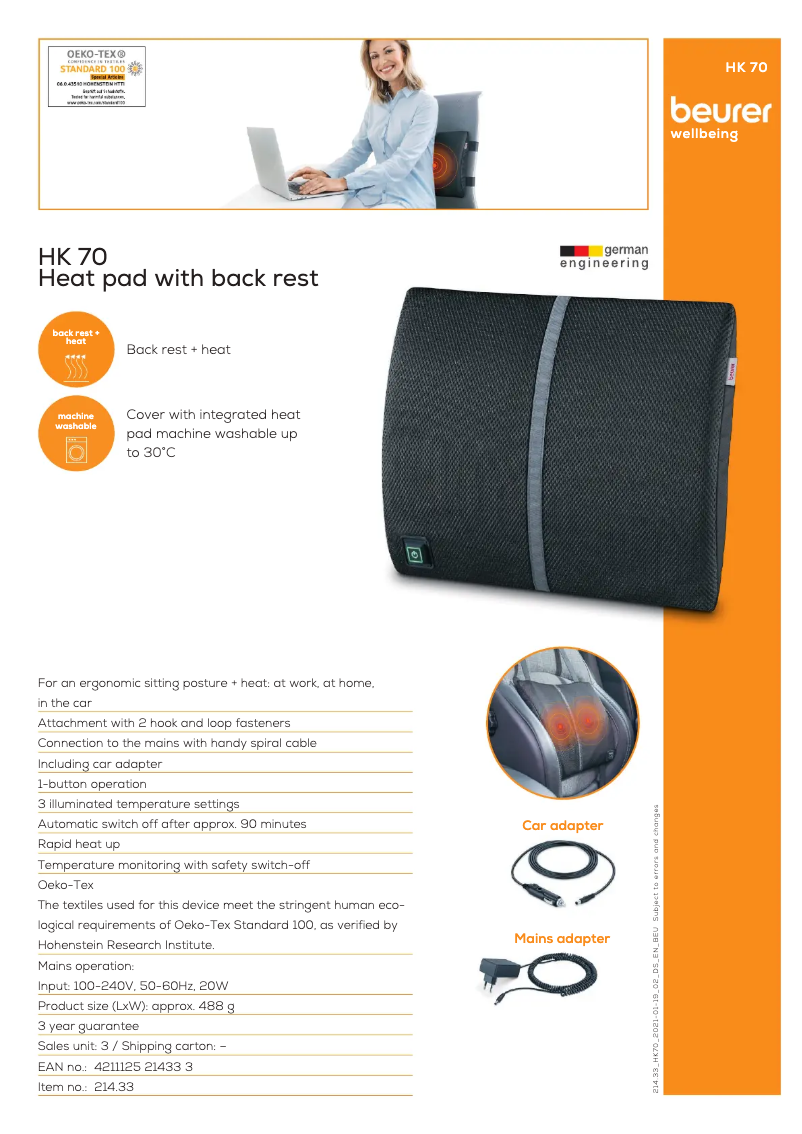 Page 1 de la notice Fiche technique Beurer HK 70