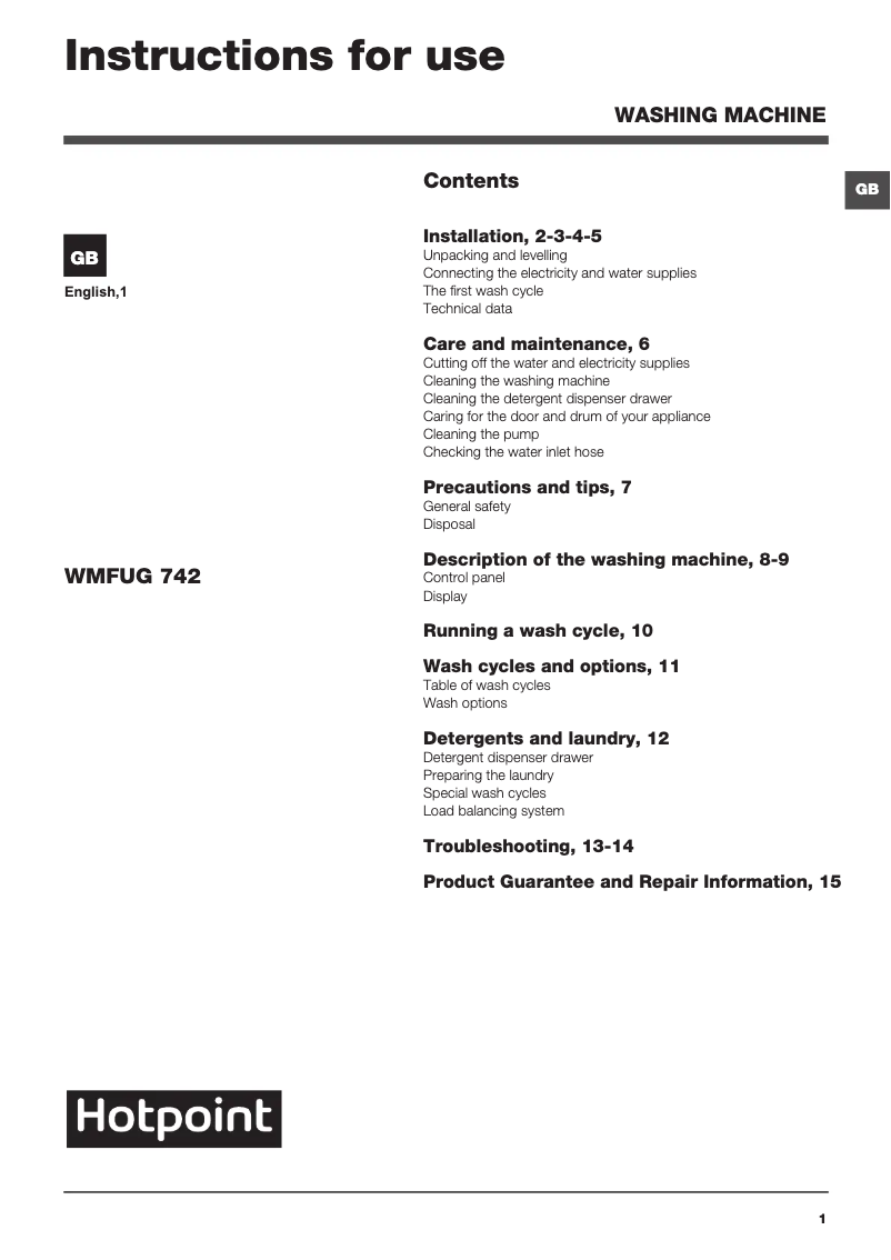 Page 1 de la notice Manuel utilisateur Hotpoint WMFUG 742 P UK.M