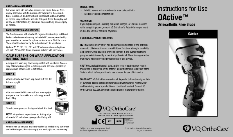 Page 1 de la notice Manuel utilisateur VQ OrthoCare OActive