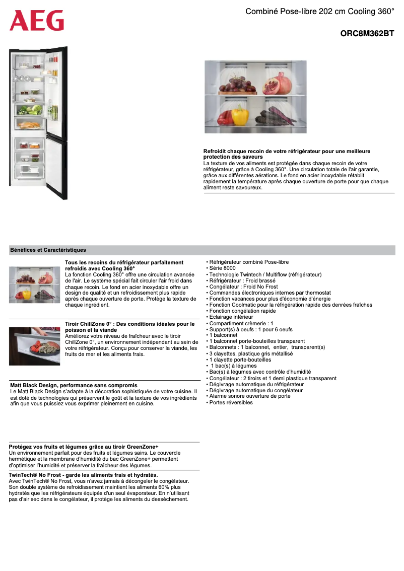 Page 1 de la notice Fiche technique AEG ORC8M362BT
