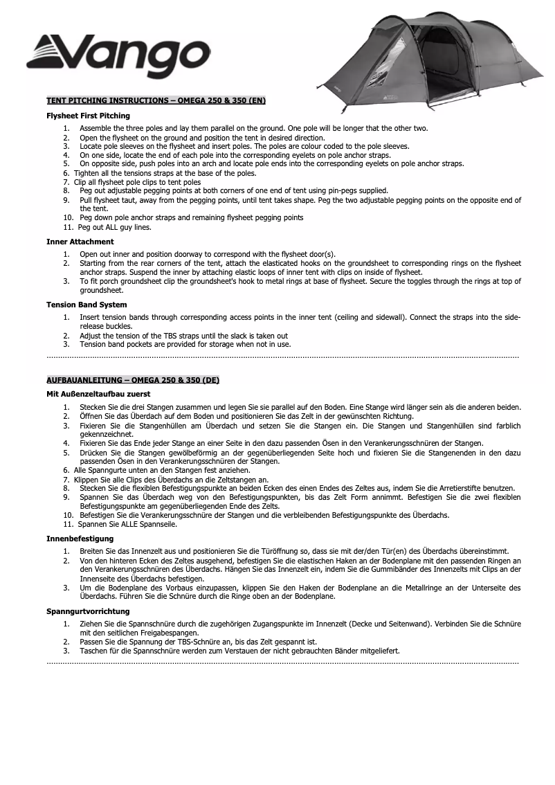 Page 1 de la notice Manuel utilisateur Vango Omega 350