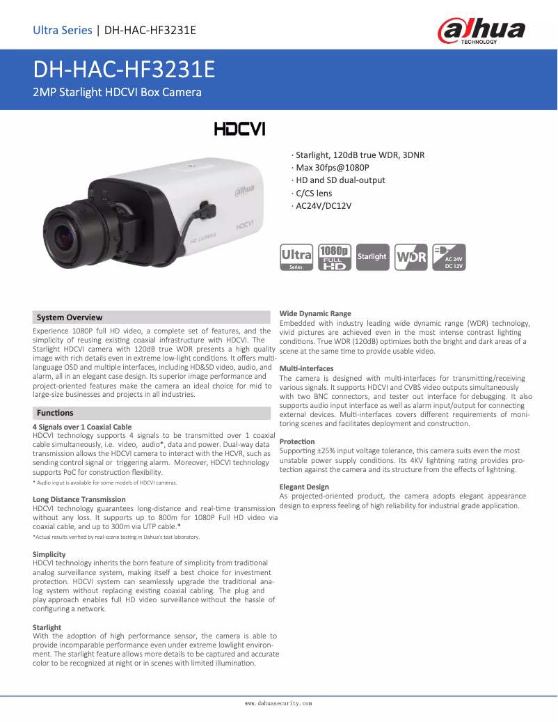 Page 1 de la notice Fiche technique Dahua Technology HAC-HF3231E