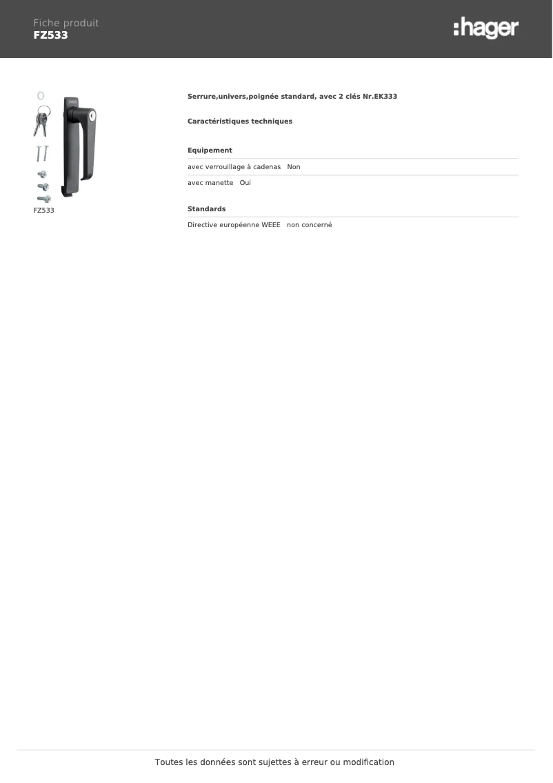 Page n°1 - Manuel utilisateur Hager FZ533