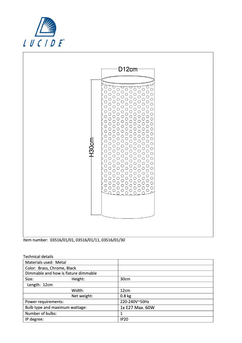 Page n°1 - Manuel utilisateur Lucide Beli 03516/01/11