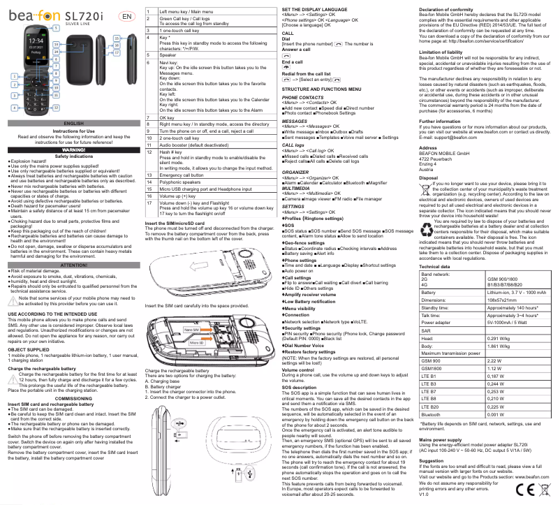Page 1 de la notice Mode d'emploi Bea-fon SL720i