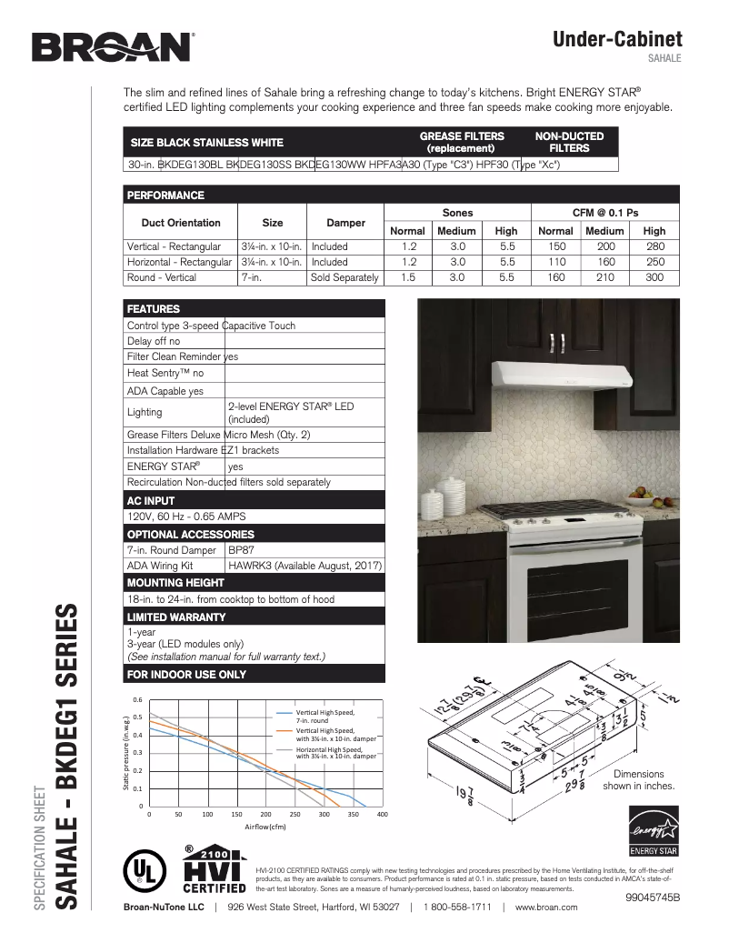 Página 1 del manual Ficha técnica Broan BKDEG130SS
