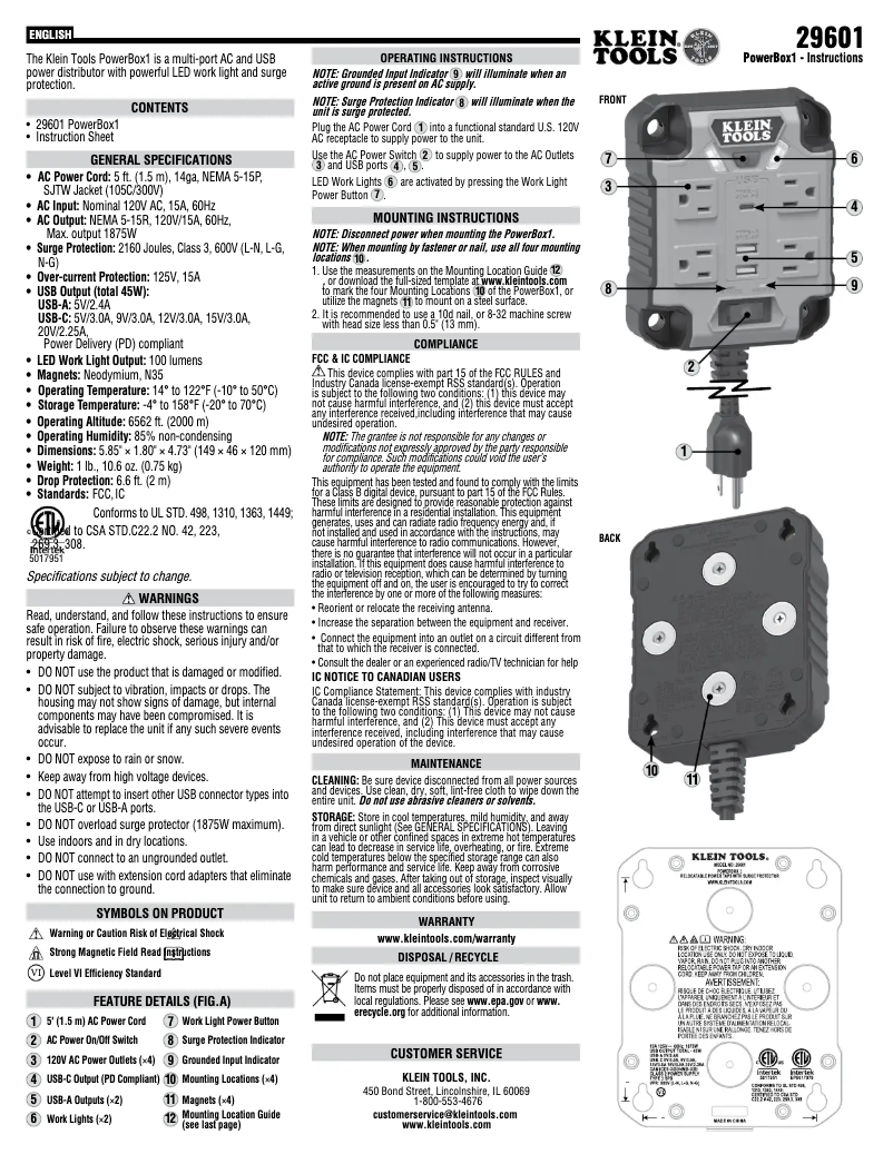 Page 1 de la notice Manuel utilisateur Klein Tools 29601