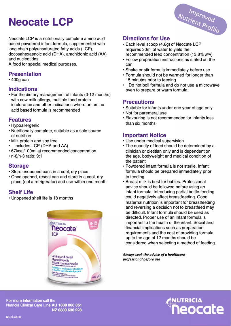 Página 1 del manual Manual de usuario Nutricia Neocate LCP