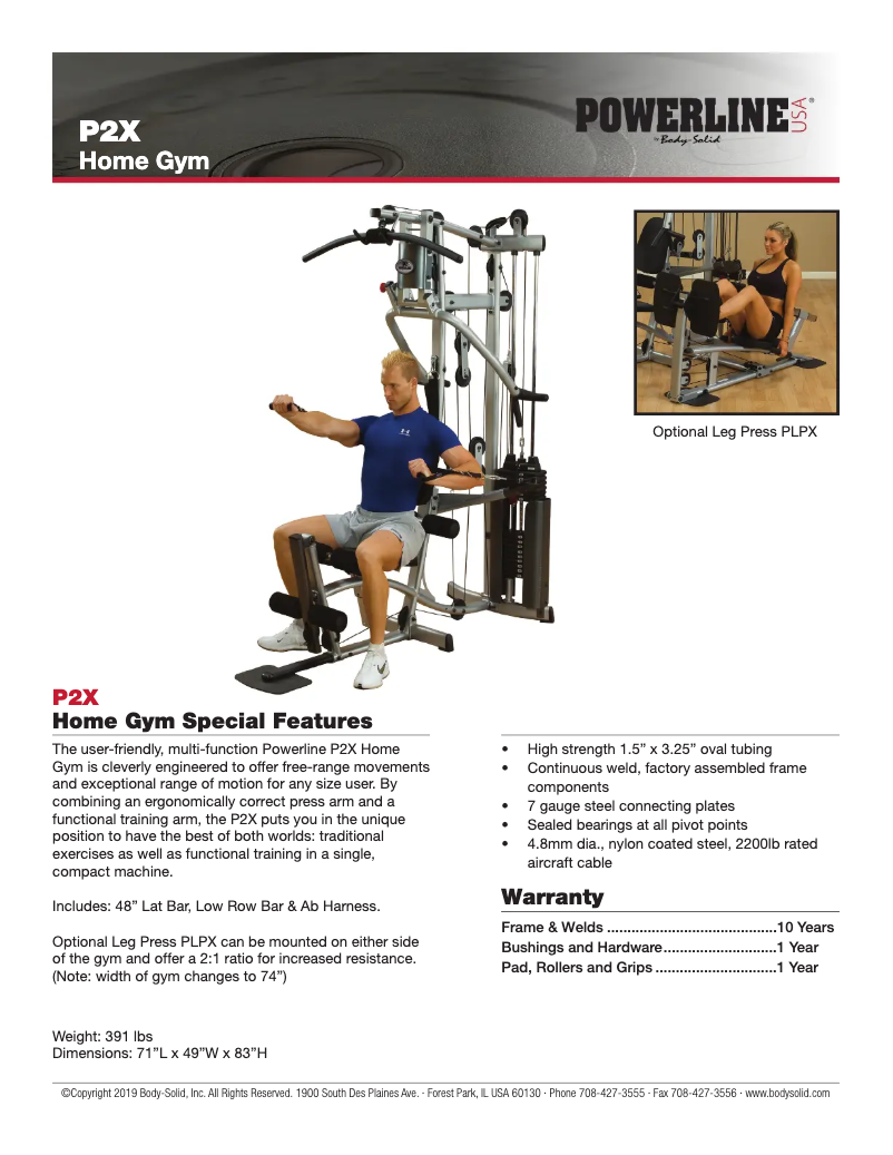 Page 1 de la notice Fiche technique Body-Solid P2X