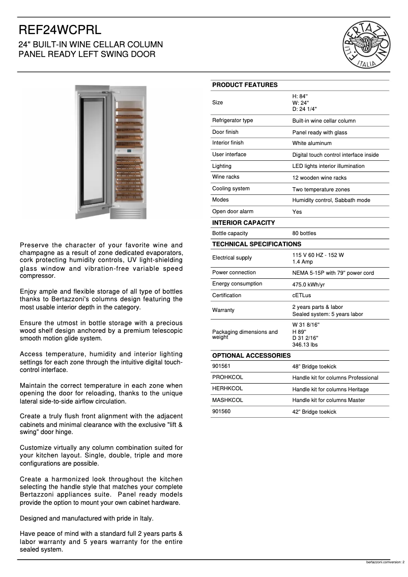 Page 1 de la notice Fiche technique Bertazzoni REF24WCPRL/23