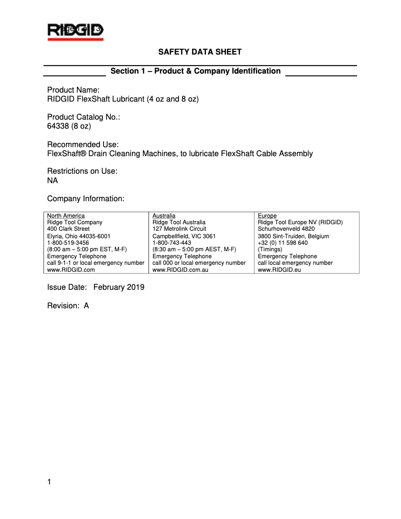 Page n°1 - Fiche technique Ridgid FlexShaft K9-102