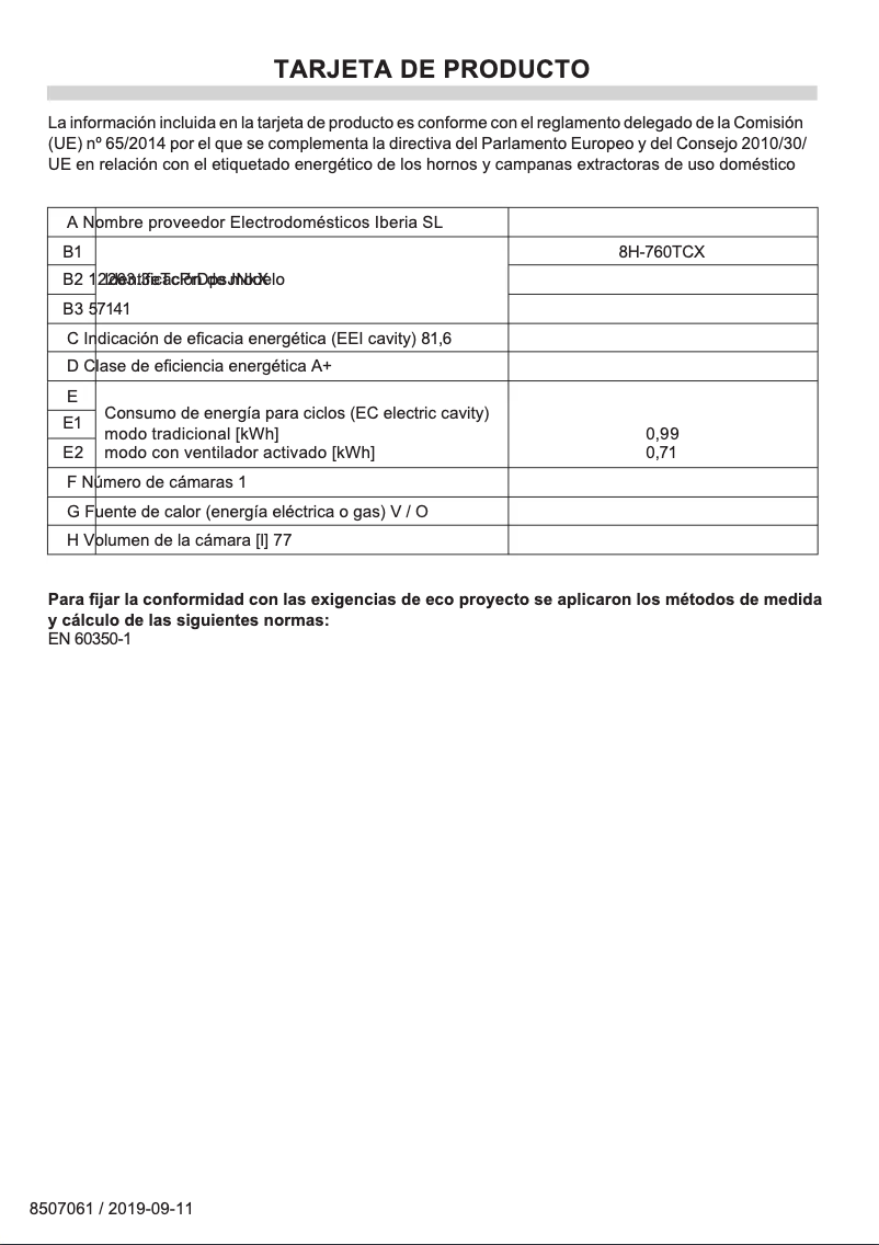 Page 1 de la notice Fiche technique Fagor 8H-760TCX