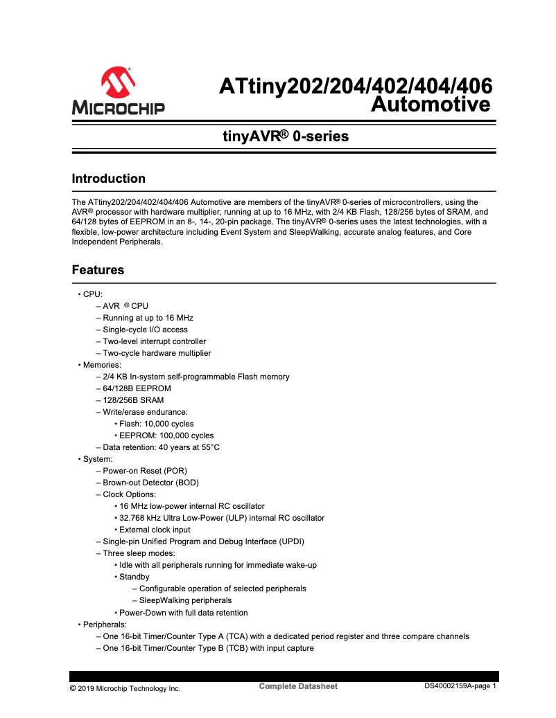 Page 1 de la notice Fiche technique Microchip ATTINY404