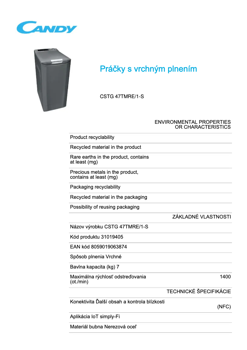 Page 1 de la notice Fiche technique Candy CSTG 47TMRE/1-S