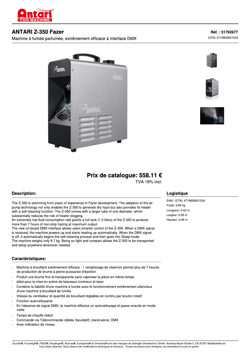 Page n°1 - Fiche technique Antari Z-350 Fazer