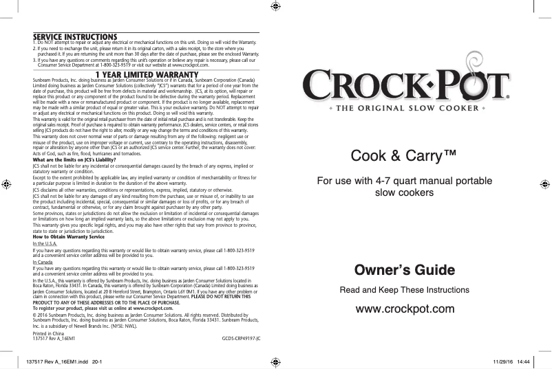 Page 1 de la notice Manuel utilisateur Crock-Pot Cook & Carry SCCPVL600-B