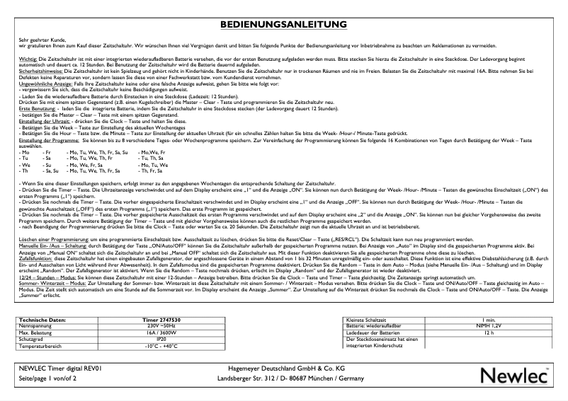 Page 1 de la notice Manuel utilisateur Newlec REV01
