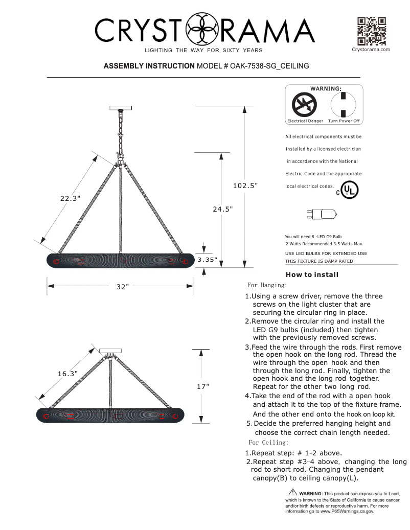 Page 1 de la notice Manuel utilisateur Crystorama Oakley OAK-7538-SG_CEILING
