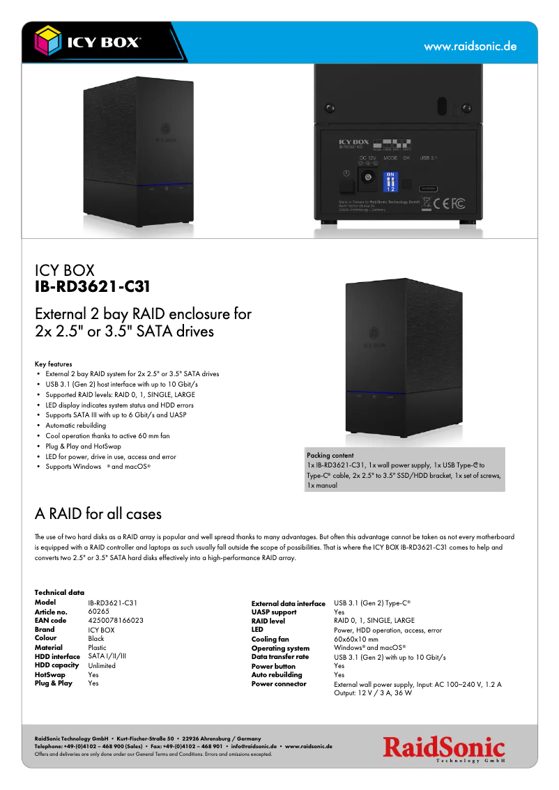 Página 1 del manual Ficha técnica Icy Box IB-RD3621-C31