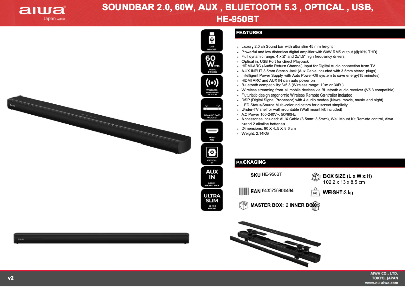 Page 1 de la notice Fiche technique Aiwa HE-950BT