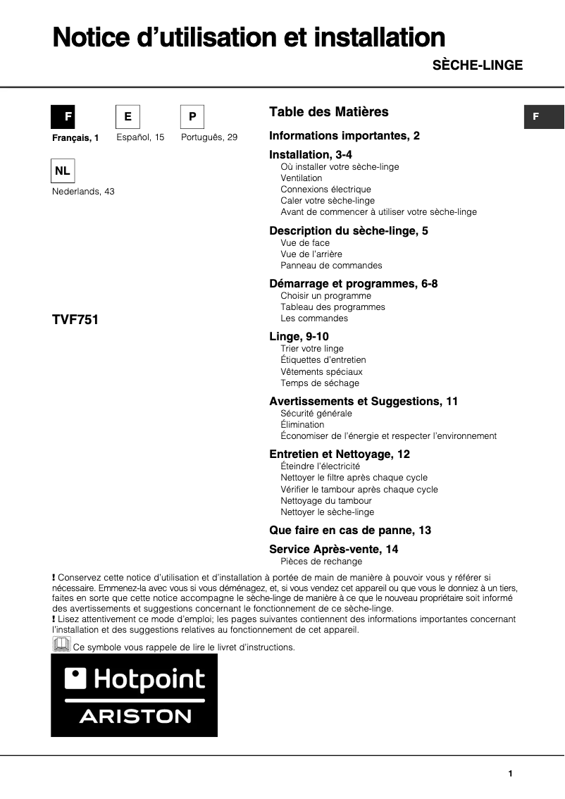 Page 1 de la notice Manuel utilisateur Hotpoint Ariston TVF 751 X (FR)