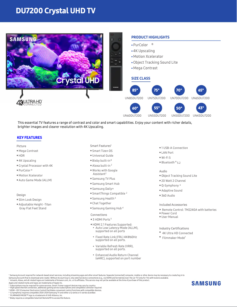 Page 1 de la notice Fiche technique Samsung UN43DU7200F