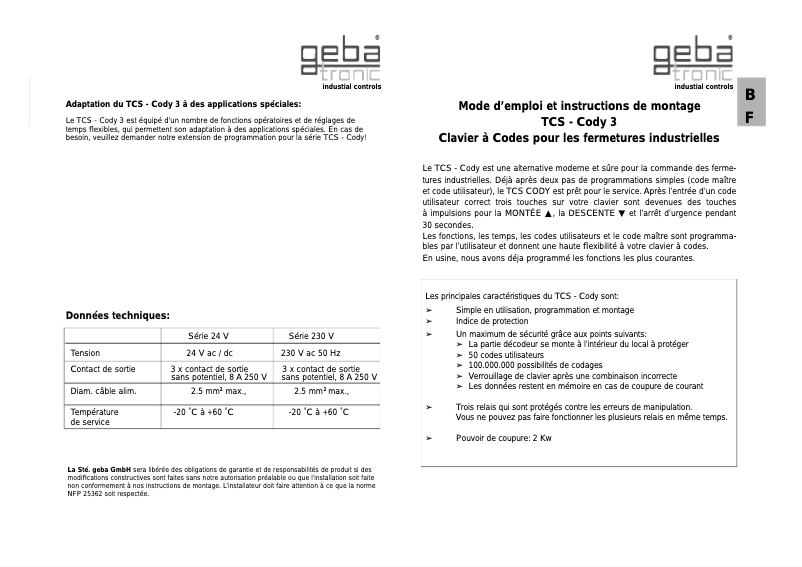 Page n°1 - Manuel utilisateur Geba Tronic TCS-Cody 3