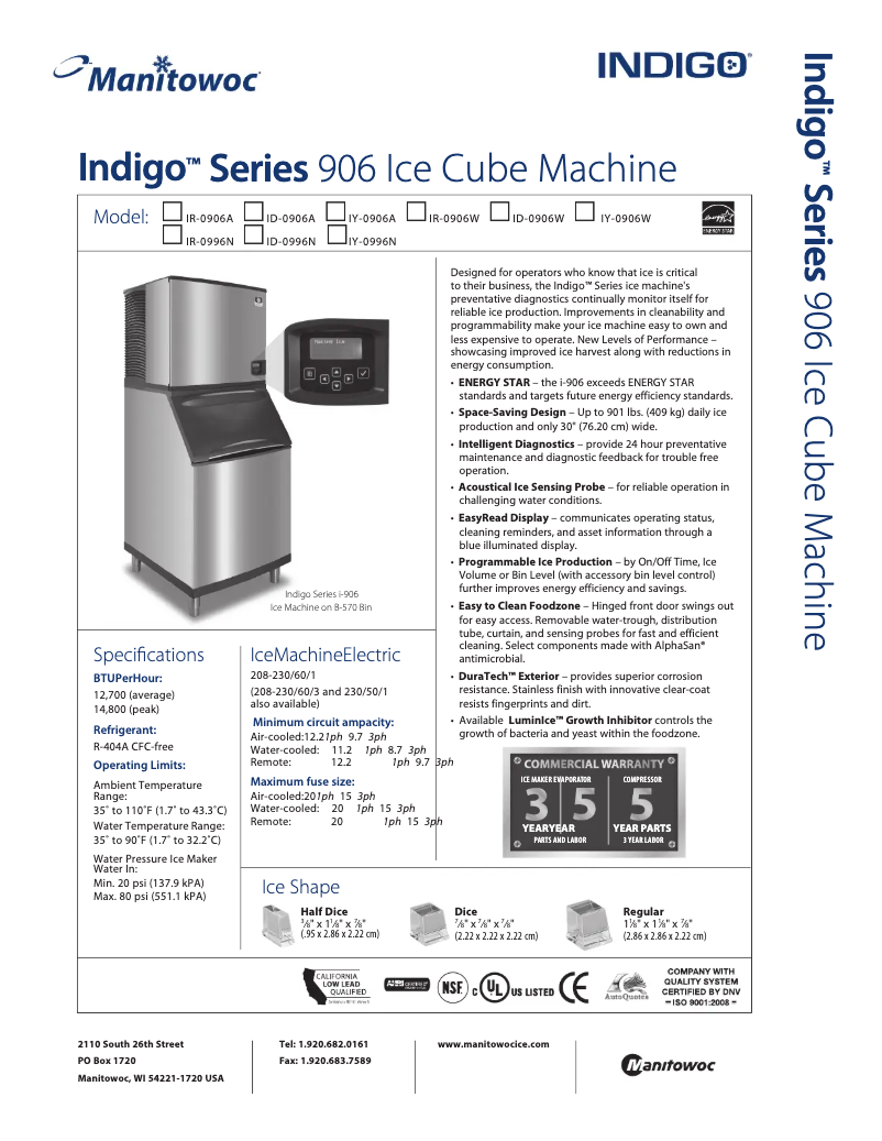 Page 1 de la notice Fiche technique Manitowoc IY-0996N