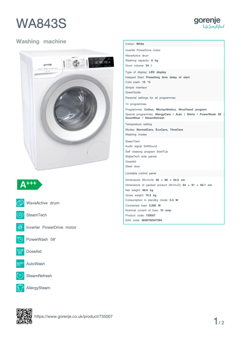 Page n°1 - Fiche technique Gorenje WA843S