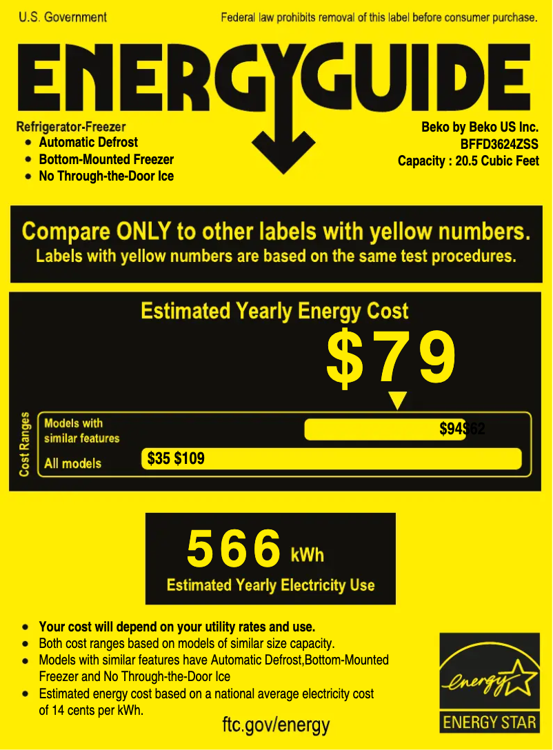Page 1 de la notice Label énergétique Beko BFFD3624ZSS