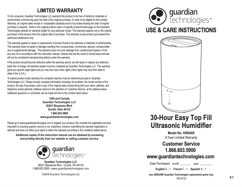 Page n°1 - Manuel utilisateur PureGuardian H950AR